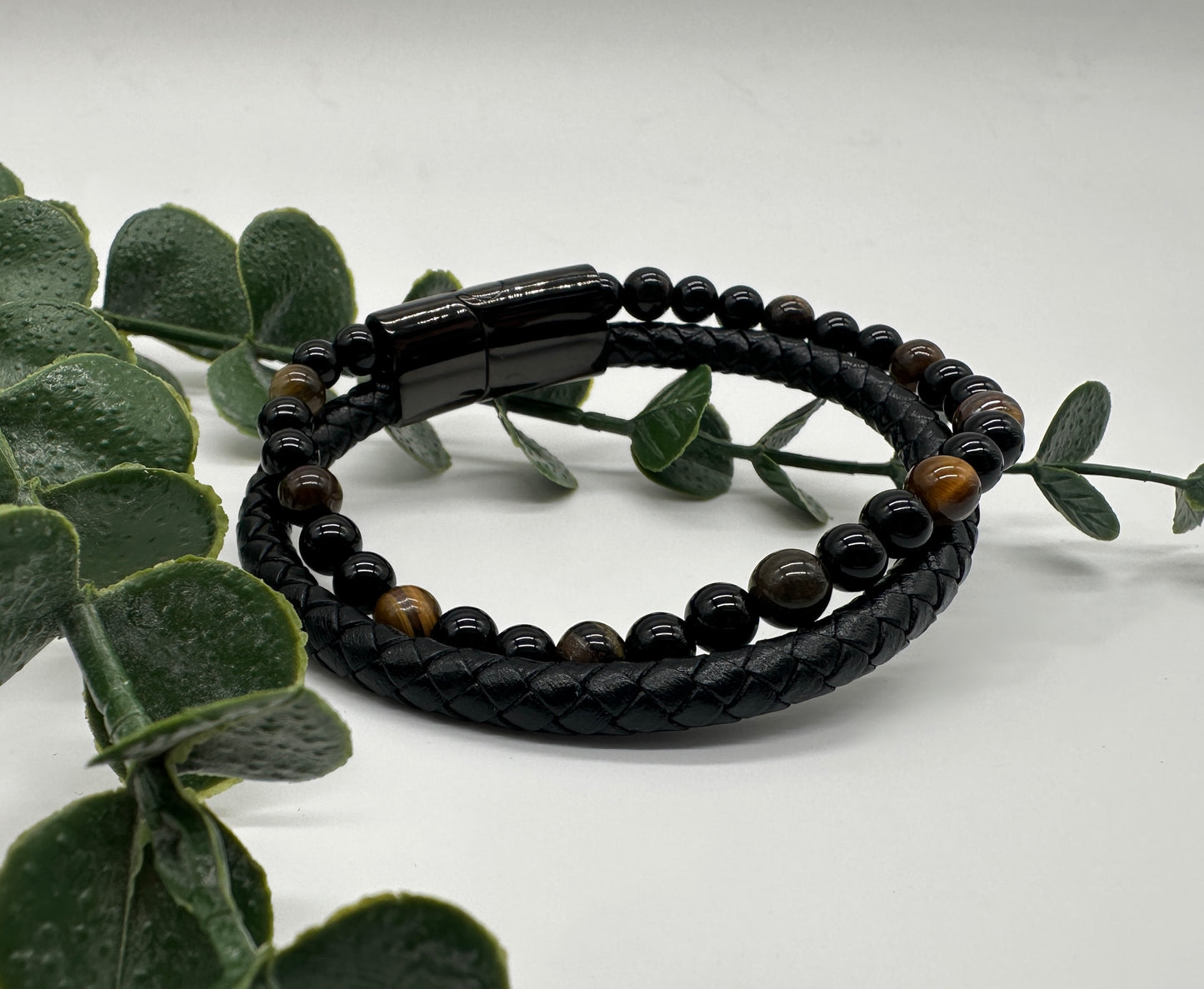 Tigerauge Onyx A Lederarmband