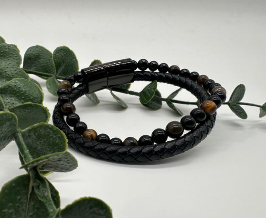 Tigerauge Onyx A Lederarmband